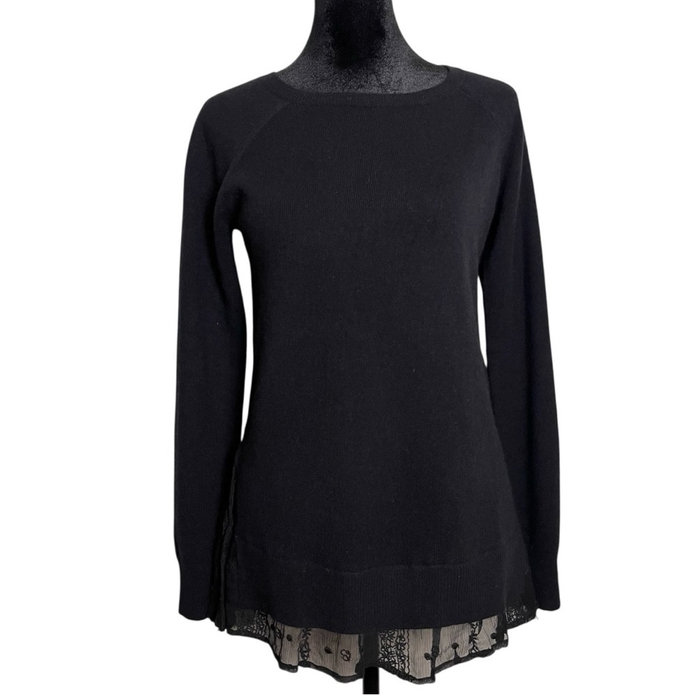 Garnet Hill Black Minimalist Romantic Lace Hem Cashmere Sweater Size XS - Picture 3 of 13